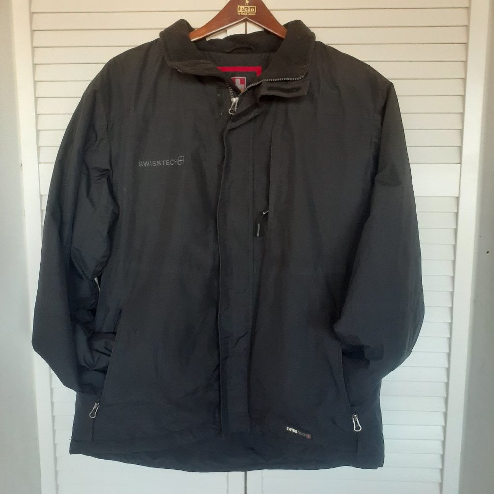 Swiss Tech Jacket Men's Med Full Zip Solid Black Fleece Lined Coat